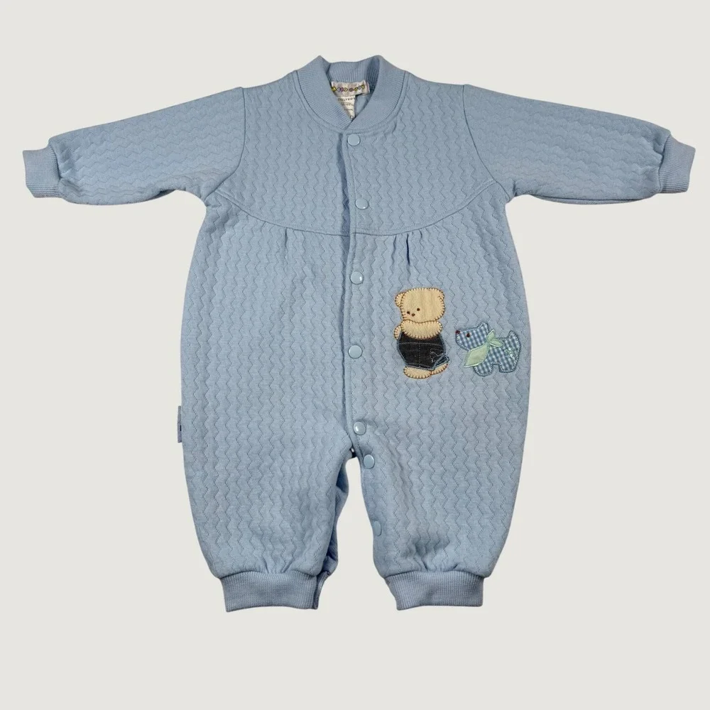 Smart Baby Blue Quilted Knit Romper Teddy Bear Puppy Applique Snap Front 6-9m